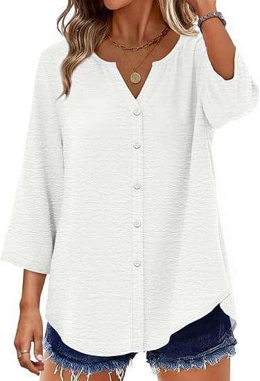 OFEEFAN Button Down Shirts for Women, 3/4 Length Sleeve