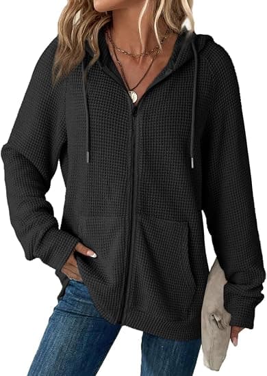 Dokotoo Women's Full Zip Up Hoodies, Waffle Knit